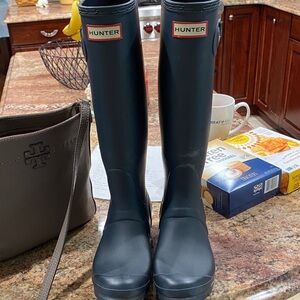 Hunter Tall Matte Navy Boots with Red-Trim Logo